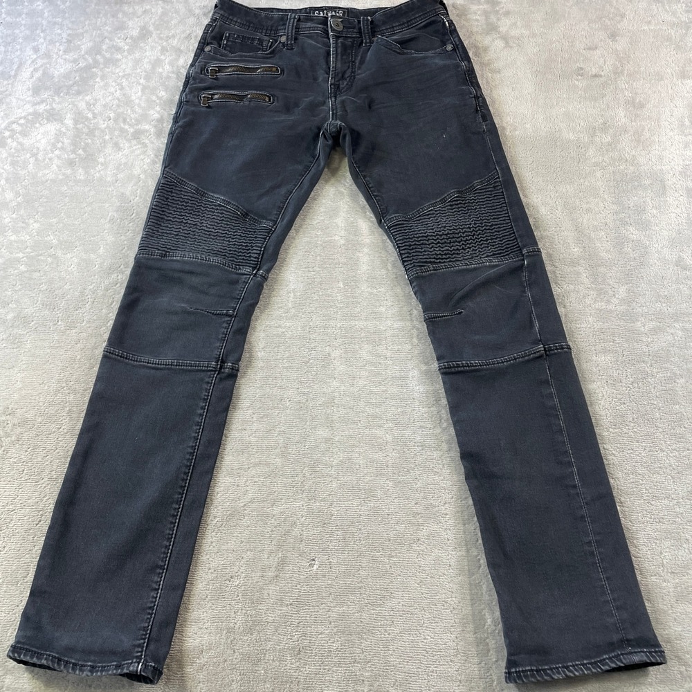 BKE Salvage Havoc Straight Slim Jeans Mens 30 Black Acid Wash Ribbed Zipper Moto
